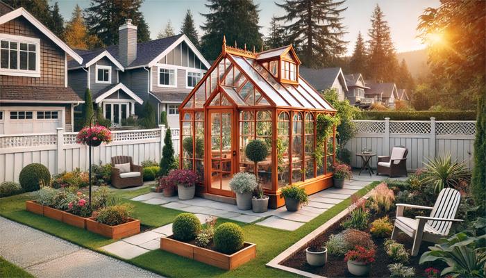 Litet växthus i förortsträdgård