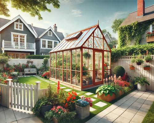 Lantligt växthus i liten välskött trädgård