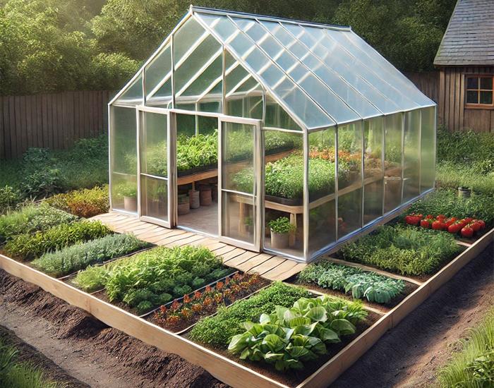 Växthus i trädgården mitt i en grönsaksland