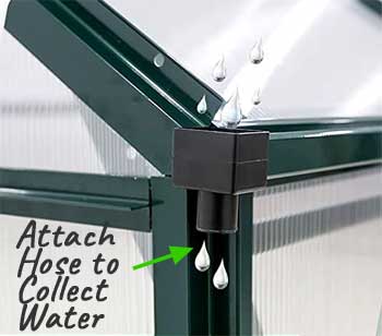 Växthus regnvattenuppsamling med rännor och stuprör