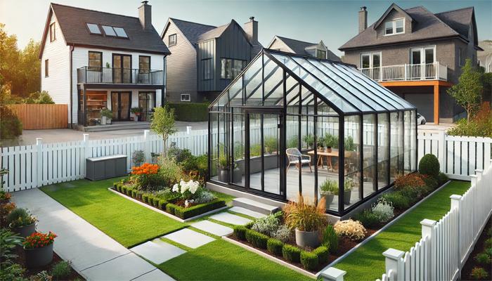 Modernt växthus i förorten omgivet av rabatter och gräsmatta med ett vitt staket