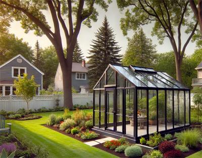 Växthus under höga träd i förortsträdgård